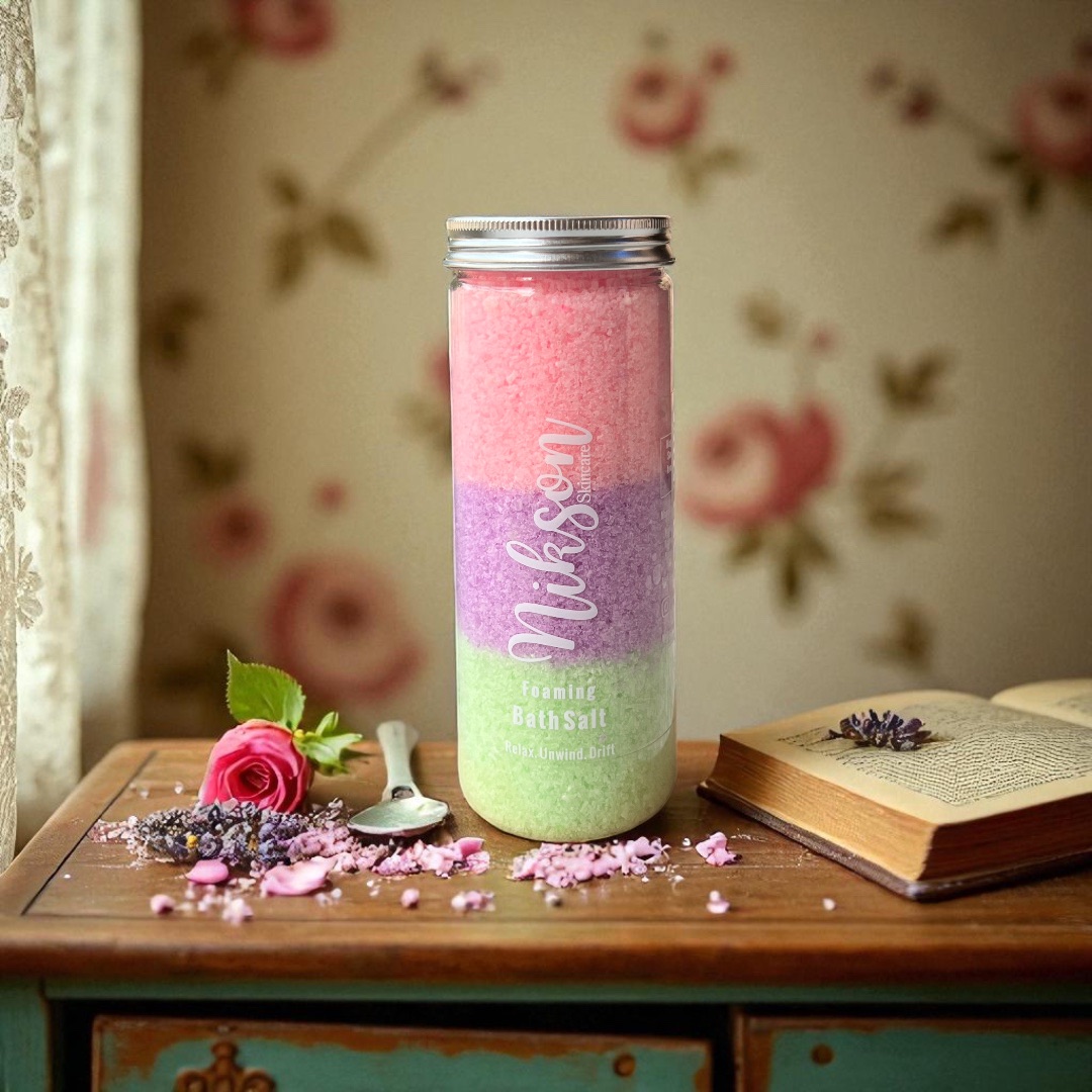 Foaming bath salt with Epsom salt to relax sore muscles and calm the mind